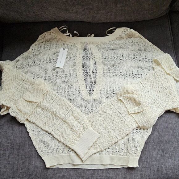 Anthropologie Women's Cream Sheer Open-Stitch Ruffle Pullover Sweater Size Small - Picture 7 of 10